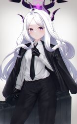 Rule 34 | 1girl, absurdres, adjusting clothes, adjusting necktie, ahoge, alternate costume, black coat, black gloves, black necktie, black pants, blue archive, business suit, coat, coat on shoulders, commentary request, dong hawn, forehead, formal, gloves, halo, highres, hina (blue archive), holding, holding suitcase, long hair, long sleeves, looking at viewer, necktie, open clothes, open coat, pants, parted bangs, purple eyes, shirt, sidelocks, simple background, solo, suit, suitcase, white hair, white shirt
