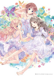 Rule 34 | 3girls, :d, absurdres, atelier (series), atelier meruru, atelier rorona, atelier totori, barefoot, blonde hair, blue eyes, braid, breasts, brown eyes, brown hair, bug, butterfly, chemise, cleavage, colorful, dress, feet, feet together, female focus, floral background, flower, half updo, holding hands, happy, highres, bug, kishida mel, long hair, medium breasts, merurulince rede arls, multiple girls, official art, open mouth, rororina fryxell, short hair, skirt, small breasts, smile, soles, toes, totooria helmold, white dress