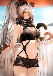 Rule 34 | 1girl, animal ears, arknights, artist name, bare shoulders, black scarf, black shorts, blue sky, breasts, cat ears, cat tail, cleavage, commentary, cowboy shot, crop top, day, ehrrr, eyes visible through hair, hair over one eye, highres, jacket, long hair, looking at viewer, medium breasts, midriff, navel, off shoulder, outdoors, scarf, schwarz (arknights), short shorts, shorts, silver hair, sky, solo, standing, stomach, tail, thighs, twitter username, white jacket, yellow eyes