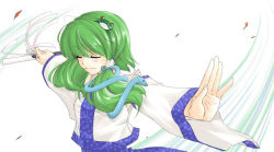 Rule 34 | 1girl, animal, bad id, bad pixiv id, blue skirt, blush, closed mouth, detached sleeves, eyebrows, closed eyes, female focus, fingernails, gohei, green hair, hair between eyes, holding, kochiya sanae, long sleeves, oonusa, outstretched arms, palms, red eyes, short hair with long locks, skirt, smile, snake, solo, touhou, upper body, vest