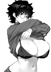 Rule 34 | 1girl, absurdres, areola slip, bra, breasts, cleavage, clothes lift, glasses, greyscale, highres, huge breasts, lifting own clothes, long sleeves, messy hair, monochrome, navel, okuyama, original, parted lips, round eyewear, shirt lift, short hair, solo, undersized breast cup, underwear