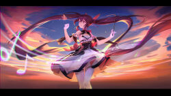 Rule 34 | 1girl, absurdres, alternate costume, conductor baton, blurry, bow, bug, butterfly, butterfly hair ornament, cloud, cloudy sky, commentary request, depth of field, detached collar, detached sleeves, facing away, fortissimo, genshin impact, gloves, hair between eyes, hair bow, hair ornament, hair ribbon, highres, hokushuu, holding, holding wand, hu tao (genshin impact), insect, long hair, looking away, musical note, musical note hair ornament, parted lips, pleated skirt, ribbon, short sleeves, sidelocks, skirt, sky, solo, symbol-shaped pupils, twilight, twintails, wand, white gloves, wind