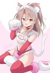 Rule 34 | 1girl, alternate costume, animal ears, animal hands, bell, bikini, breasts, brown eyes, brown hair, cat cutout, cat ears, cat tail, clothing cutout, frilled bikini, frills, gloves, high ponytail, highres, jingle bell, kantai collection, neck bell, one-hour drawing challenge, paw gloves, paw shoes, red thighhighs, shizuna kaede, sitting, small breasts, solo, swimsuit, tail, thighhighs, wariza, white bikini, zuihou (kancolle)
