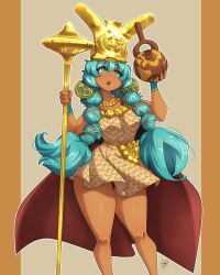 Rule 34 | 1girl, aqua eyes, aqua hair, braid, cape, dark-skinned female, dark skin, earrings, gold headwear, gold necklace, hair between eyes, hatsune miku, highres, holding, holding staff, jewelry, long hair, necklace, open mouth, peru, peruvian clothes, peruvian miku, ryou sakai, staff, teeth, thick thighs, thigh gap, thighs, tunic, twin braids, upper teeth only, vocaloid, worldwide miku