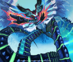 Rule 34 | aura, closed mouth, creature, duel masters, english text, glowing, glowing hand, green eyes, hand gesture, head wings, insect wings, no humans, official art, saitou naoki, tail, transparent, wings