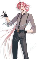 Rule 34 | 1boy, :d, black gloves, black hair, black necktie, black pants, collared shirt, cosplay, creatures (company), earrings, eyebrow cut, fate/grand order, fate (series), feet out of frame, game freak, gloves, grey shirt, hair over one eye, hair rings, hand in pocket, highres, jewelry, long hair, looking at viewer, low ponytail, male focus, multicolored hair, necktie, nintendo, open hand, open mouth, pants, pokemon, pokemon sv, red eyes, red hair, rika (pokemon), rika (pokemon) (cosplay), shirt, signature, simple background, sleeves rolled up, smile, solo, standing, streaked hair, suspenders, takasugi shinsaku (fate), teeth, triangle earrings, very long hair, white background, white hair, ziege113