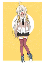 Rule 34 | 1girl, absurdres, ahoge, black skirt, blonde hair, blue eyes, bural chingu, converse, full body, high tops, highres, luke (dydansgur), original, park no-a, pleated skirt, red thighhighs, shoes, skirt, sneakers, solo, striped clothes, striped thighhighs, thighhighs, two side up