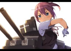 Rule 34 | 10s, 1girl, bad id, bad twitter id, blue eyes, gloves, hair ribbon, jpeg artifacts, kantai collection, kinta (distortion), letterboxed, machinery, neck ribbon, pink hair, ponytail, red ribbon, ribbon, school uniform, shiranui (kancolle), short hair, short sleeves, simple background, solo, upper body, vest, white background, white gloves