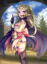 Rule 34 | 1girl, boots, cape, fire emblem, fire emblem awakening, fire emblem cipher, flat chest, garter straps, gloves, green hair, image sample, jewelry, long hair, looking at viewer, midriff, navel, nintendo, nowi (fire emblem), official art, open mouth, parted bangs, pink thighhighs, pisuke, ponytail, purple eyes, ribbon, short shorts, shorts, simple background, smile, solo, thigh boots, thighhighs, tiara