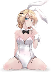 Rule 34 | 10s, 1girl, animal ears, blonde hair, blue eyes, braid, breasts, covered navel, darjeeling (girls und panzer), detached collar, fake animal ears, finger to mouth, girls und panzer, leotard, looking at viewer, playboy bunny, rabbit ears, short hair, simple background, sitting, small breasts, solo, wariza, white background, wrist cuffs, yumesato makura