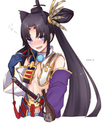Rule 34 | 1girl, :d, armor, asymmetrical sleeves, bad id, bad pixiv id, bare shoulders, black hair, black hat, blue eyes, blue gloves, blush, bottle, breasts, cropped torso, detached collar, detached sleeves, facial mark, fate/grand order, fate (series), forehead mark, gloves, hair bun, hair ornament, hand up, hat, head tilt, japanese armor, katana, kusazuri, long hair, long sleeves, looking at viewer, mismatched sleeves, nose blush, open mouth, parted bangs, pom pom (clothes), revealing clothes, rope, scabbard, sheath, sheathed, side ponytail, sideboob, simple background, single hair bun, small breasts, smile, solo, sword, tassel, thick eyebrows, twitter username, upper body, ushiwakamaru (fate), weapon, white background, wide sleeves, yukihama