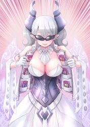 Rule 34 | 1girl, akisame rizu, armored corset, breasts, card, cleavage, demon girl, demon horns, demon wings, dress, duel monster, emphasis lines, grey eyes, grey hair, highres, horns, large breasts, looking at viewer, lovely labrynth of the silver castle, open clothes, open vest, pointy ears, smile, solo, standing, sunglasses, trading card, trap hole, twintails, variant set, vest, white dress, wings, yu-gi-oh!