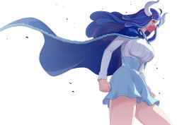 Rule 34 | 1girl, absurdres, arukiru, blue cape, blue hair, blue skirt, cape, highres, long sleeves, looking away, mask, mouth mask, multicolored hair, one piece, pink hair, red eyes, simple background, skirt, solo, standing, thighs, two-tone hair, ulti (one piece), white background