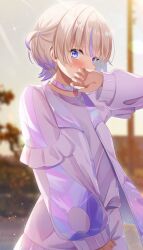 Rule 34 | 1girl, blonde hair, blush, choker, commentary request, covering face, embarrassed, fingernails, hololive, hololive dev is, jacket, looking at viewer, matsumoto yuu, purple eyes, purple jacket, shirt, solo, todoroki hajime, two side up, virtual youtuber