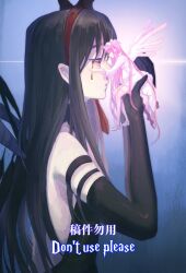Rule 34 | 2girls, absurdly long hair, absurdres, akemi homura, akuma homura, angel wings, backless dress, backless outfit, black dress, black gloves, black hair, blood, bloody tears, blue background, chinese commentary, closed eyes, closed mouth, commentary request, demon wings, dress, elbow gloves, english text, expressionless, gloves, gradient background, hairband, hand on another&#039;s face, highres, kaname madoka, long hair, long sleeves, looking at another, mahou shoujo madoka magica, mahou shoujo madoka magica (anime), mini person, minigirl, multiple girls, pink hair, pink thighhighs, profile, red hairband, shao ziye, size difference, thighhighs, translation request, ultimate madoka, very long hair, white dress, white footwear, wings