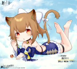 Rule 34 | 1girl, 2022, :o, aged down, animal ears, arknights, artist name, bare back, barefoot, bell, black choker, blue background, blue dress, blue sleeves, bow, breasts, brown hair, candy, choker, clothing cutout, company name, copyright name, detached sleeves, dress, fang, feet up, food, frilled dress, frilled sleeves, frills, fur-trimmed sleeves, fur trim, hair bow, hand up, highres, holding, holding candy, holding food, holding lollipop, kuroshiroemaki, lion ears, lion girl, lion tail, lollipop, looking at viewer, lying, neck bell, on stomach, red eyes, siege (arknights), simple background, skin fang, small breasts, solo, strapless, strapless dress, tail, tail bow, tail ornament, tail through clothes, thigh strap, white bow