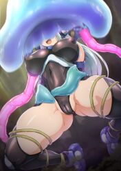 Rule 34 | 1girl, arm behind back, black leotard, black thighhighs, breasts, commentary request, covered erect nipples, covered eyes, covered navel, hasumi (mission mermaiden), highres, large breasts, leotard, long hair, mission mermaiden, nandz, open mouth, purple footwear, restrained, skin tight, slime (creature), solo, tentacles, thighhighs, white hair