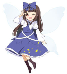 Rule 34 | 1girl, blue bow, blue dress, blue ribbon, blunt bangs, blush, boots, bow, brown eyes, brown hair, commentary request, crys (dai), dress, fairy wings, flat chest, frilled shirt collar, frills, full body, hair bow, hand up, highres, juliet sleeves, long hair, long sleeves, looking at viewer, one eye closed, open mouth, puffy long sleeves, puffy sleeves, revision, ribbon, simple background, smile, solo, star (symbol), star print, star sapphire, touhou, white background, wings