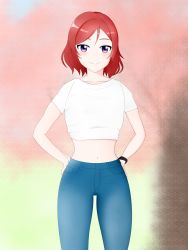 Rule 34 | 10s, 1girl, artist name, black wristband, blue pants, blush, closed mouth, collarbone, female focus, hair between eyes, hands on own hips, highres, looking at viewer, love live!, love live! school idol project, midriff, navel, nishikino maki, pants, purple eyes, red hair, shirt, short hair, smile, solo, standing, white shirt, wristband, yagichan1203