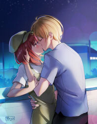 Rule 34 | 1boy, 1girl, absurdres, against railing, arima kana, arm around waist, black pants, black sky, blonde hair, blouse, blue shirt, blunt bangs, blunt ends, blush, bob cut, brick wall, cabbie hat, closed eyes, commentary, commission, couple, dress, english commentary, gradient sky, green dress, green headwear, hand on another&#039;s arm, hand on another&#039;s head, hand on another&#039;s waist, hat, hetero, highres, hoshino aquamarine, house, inverted bob, kiss, looking at another, loose hair strand, mixed-language commentary, night, night sky, oshi no ko, outdoors, pants, parisa reaz, pinafore dress, power lines, purple sky, railing, red eyes, red hair, shirt, short hair, short sleeves, sky, sleeveless, sleeveless dress, star (sky), starry sky, upper body, utility pole, white shirt