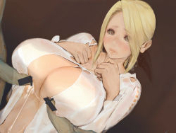 Rule 34 | 1girl, bad id, bad pixiv id, bar censor, blonde hair, bow, breasts, censored, collarbone, cum, cum string, dead or alive, dutch angle, green eyes, group sex, hair bow, hand on own chest, helena douglas, huge breasts, mmf threesome, multiple penises, mumaya, penis, solo focus, tecmo, threesome