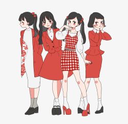 Rule 34 | 4girls, arms behind back, bad id, bad pixiv id, belt, black eyes, black footwear, black hair, blush, bob cut, bobby socks, bow, coat, collared shirt, dress, earrings, fashion, flat color, floral print, full body, gingham, hair bow, hands in pockets, hands on own cheeks, hands on own face, jacket, jewelry, loafers, long dress, long hair, looking at viewer, mary janes, multiple girls, multiple views, nail polish, original, pencil skirt, pigeon-toed, plaid, platform footwear, platform heels, ponytail, profile, puffy sleeves, red bow, red coat, red dress, red footwear, red jacket, red skirt, red theme, rikuwo, shirt, shoes, short hair, simple background, skirt, smile, socks, standing, twintails, wavy hair, wavy mouth, white background, white dress, white shirt