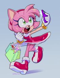 Rule 34 | 1girl, alfiasaee, amy rose, artist name, bag, boots, cellphone, dress, full body, furry, furry female, gloves, green eyes, grey background, holding, holding phone, open mouth, phone, red dress, red footwear, selfie, shopping bag, sleeveless, sleeveless dress, smartphone, solo, sonic (series), teeth, thumbs up, two-tone footwear, upper teeth only, white footwear, white gloves