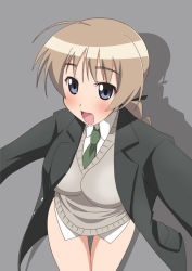 Rule 34 | 00s, 1girl, :d, :o, ahoge, blazer, blonde hair, blue eyes, braid, eyebrows, green necktie, grey background, jacket, long sleeves, lynette bishop, necktie, open mouth, outstretched arms, paopa ship, simple background, single braid, smile, solo, strike witches, sweater, sweater vest, thigh gap, thighs, world witches series