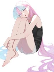 Rule 34 | 1girl, alternate costume, bare legs, barefoot, black shirt, breasts, closed mouth, collarbone, commentary, creatures (company), game freak, grey shorts, hair down, head tilt, highres, iono (pokemon), kana (kanna runa0620), knees up, legs, long hair, looking at viewer, multicolored hair, nintendo, own hands together, pink eyes, pokemon, pokemon sv, shirt, short shorts, shorts, sitting, sleeveless, sleeveless shirt, smile, solo, symbol-only commentary, toes, tongue, tongue out, two-tone hair, very long hair, white background