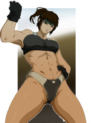 Rule 34 | 1girl, abs, black gloves, breasts, brown eyes, brown hair, daimon akiko, gloves, hand on own hip, headband, highres, large breasts, pain16, short ponytail, short shorts, shorts, solo, sports bra, taisen hot gimmick, taisen hot gimmick 4ever, thick thighs, thighs, toned