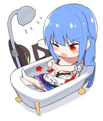 Rule 34 | 1girl, bare shoulders, barefoot, bathtub, black hat, blouse, blue hair, blue skirt, blush, chibi, convenient arm, flower, food, fruit, hat, hinanawi tenshi, leaf, long hair, neropaso, off shoulder, one eye closed, open mouth, partially submerged, peach, petticoat, red eyes, red flower, shadow, shirt, shower head, sidelocks, simple background, sitting, skirt, solo, table, touhou, towel, unworn hat, unworn headwear, v-shaped eyebrows, water, white background, white shirt