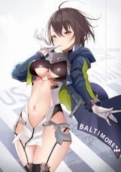 Rule 34 | 1girl, ahoge, azur lane, baltimore (azur lane), black hair, blue jacket, braid, breasts, character name, choker, cleavage, commentary request, cowboy shot, garter straps, gloves, hair between eyes, highres, in mouth, jacket, large breasts, legs together, long sleeves, looking at viewer, no panties, short hair, solo, standing, tagme, thighhighs, white gloves, yellow eyes, zotari
