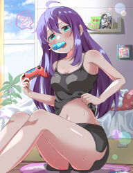 Rule 34 | 1girl, absurdres, ahoge, aqua eyes, bed, bed sheet, black camisole, black shorts, blue sky, blush, breasts, camisole, cleavage, cloud, collarbone, controller, day, dolphin shorts, food, food in mouth, game controller, hair between eyes, haruki (haruki678), highres, holding, holding controller, holding game controller, hot, idolmaster, idolmaster million live!, idolmaster million live! theater days, indoors, knees up, lens flare, long hair, looking at viewer, mochizuki anna, mogami shizuka, nagayoshi subaru, nanao yuriko, navel, plant, popsicle, popsicle in mouth, potted plant, purple hair, rug, shelf, short shorts, shorts, sidelocks, sitting, sky, small breasts, solo, spoken squiggle, squiggle, thighs, window, wringing clothes
