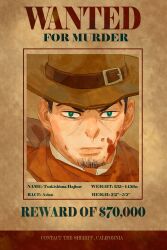 Rule 34 | 1boy, alternate universe, bandana, blood, blood on clothes, blood on face, bright pupils, brown background, brown hair, brown hat, character name, chengongzi123, closed mouth, commentary, cowboy, cowboy hat, cowboy western, english commentary, english text, facial hair, goatee stubble, golden kamuy, green eyes, hat, highres, looking at viewer, male focus, portrait, red bandana, short hair, solo, stubble, tsukishima hajime, very short hair, wanted, western
