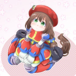 Rule 34 | 1girl, android, beret, between legs, blush, breasts, brown hair, capcom, dress, from above, gloves, green eyes, hand between legs, hat, iris (mega man), joints, kneeling, long hair, looking up, low-tied long hair, mega man (series), mega man x4, mega man x (series), own hands together, patterned background, robot joints, solo, white gloves