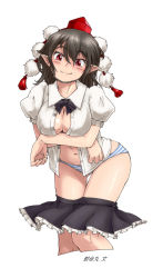 Rule 34 | 1girl, black hair, blue panties, blush, breast hold, breasts, chin strap, cleavage, clothes pull, cropped legs, dress shirt, female focus, hat, large breasts, looking at viewer, navel, no pants, open clothes, open shirt, oso (toolate), panties, pointy ears, red eyes, shameimaru aya, shiny skin, shirt, short hair, simple background, skirt, skirt pull, smile, solo, striped clothes, striped panties, thigh gap, tokin hat, touhou, underwear, white background