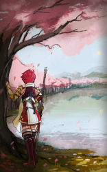 Rule 34 | 1girl, armor, boots, cherry blossoms, fire emblem, fire emblem fates, forest, garter straps, highres, hinoka (fire emblem), holding, holding weapon, killuba, lake, naginata, nature, nintendo, petals, polearm, red hair, short hair, solo, thigh boots, thighhighs, thighs, tree, weapon, zettai ryouiki