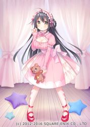 Rule 34 | 1girl, :o, ankle lace-up, bed, black hair, blush, bow, braid, breasts, brown eyes, canopy bed, cleavage, cross-laced footwear, dress, full body, hairband, hand up, heart, heart print, holding, holding stuffed toy, indoors, juliet sleeves, large breasts, legs apart, lolita hairband, long hair, long sleeves, looking at viewer, million arthur (series), necktie, panties, parted lips, pillow, pink bow, pink dress, print legwear, puffy sleeves, red footwear, shoes, solo, star-shaped pillow, stuffed animal, stuffed toy, teddy bear, underwear, usashiro mani, very long hair, white legwear, wooden floor, yellow necktie