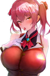 Rule 34 | 1girl, armpit crease, ascot, bare shoulders, breasts, cleavage, gloves, hair between eyes, hair ornament, hand on own chest, highres, hololive, houshou marine, huge breasts, looking at viewer, metsu end, red ascot, red hair, revision, saliva, see-through, see-through cleavage, short twintails, simple background, sleeveless, solo, sweatdrop, tongue, tongue out, twintails, upper body, virtual youtuber, white background, white gloves, yellow eyes