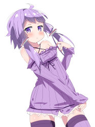 Rule 34 | 1girl, absurdres, ahoge, bare shoulders, blush, breasts, closed mouth, collarbone, cowboy shot, detached sleeves, dress, female focus, frilled dress, frills, hair ornament, hand up, highres, kuno (kc9s), long hair, looking at viewer, matching hair/eyes, purple dress, purple eyes, purple hair, purple thighhighs, see-through, shiny skin, short dress, short hair with long locks, simple background, skindentation, sleeveless, sleeveless dress, small breasts, solo, standing, thighhighs, twintails, voiceroid, white background, yuzuki yukari, zettai ryouiki
