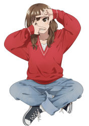 Rule 34 | 1girl, brown eyes, brown hair, denim, finger frame, grin, indian style, jeans, long hair, looking at viewer, mattaku mousuke, original, pants, simple background, sitting, smile, solo, white background