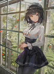 Rule 34 | 1girl, against window, black hair, black pantyhose, black ribbon, black skirt, blunt bangs, breasts, buttons, canking, center frills, cloud, cloudy sky, collared shirt, cowboy shot, day, drainpipe, eyebrows, frills, high-waist skirt, highres, indoors, industrial pipe, long sleeves, looking at viewer, maid headdress, md5 mismatch, medium breasts, meme attire, original, pantyhose, parted lips, petals, rain, resolution mismatch, ribbon, shirt, short hair, skirt, sky, solo, source smaller, standing, virgin killer outfit, water, window, wing collar, yellow eyes