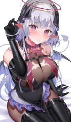 Rule 34 | 1girl, absurdres, amahara subaru, bare shoulders, black footwear, black gloves, black headwear, blue hair, blush, boots, breasts, demon tail, ear piercing, elbow gloves, gloves, hand up, highres, large breasts, long hair, looking at viewer, original, pantyhose, parted lips, pelvic curtain, piercing, pointy ears, purple eyes, solo, tail, thigh boots, thighs, white background
