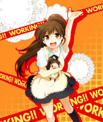 Rule 34 | 1girl, :d, apron, arm up, black socks, brown eyes, brown hair, character doll, copyright name, doll, dual persona, holding, long hair, looking at viewer, open mouth, outstretched hand, ponytail, shirt, skirt, smile, socks, solo, standing, takana (nanao), taneshima popura, waitress, waving, white shirt, working!!