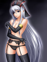 Rule 34 | 1girl, armband, black garter belt, black gloves, black panties, black thighhighs, blue eyes, breasts, cleavage, collarbone, contrapposto, covering privates, covering breasts, duel monster, elbow gloves, elf, garter belt, garter straps, gloves, hair over breasts, lace, lace-trimmed panties, lace trim, lingerie, lips, long hair, looking at viewer, no bra, panties, panties over garter belt, pataneet, pointy ears, ruin, queen of oblivion, solo, standing, thighhighs, topless, underwear, very long hair, white hair, yu-gi-oh!, yu-gi-oh! duel monsters