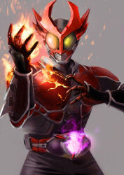 Rule 34 | 1boy, altering (agito), armor, black bodysuit, bodysuit, commentary request, compound eyes, driver (kamen rider), facing viewer, flaming hand, grey background, hand up, highres, horns, kamen rider, kamen rider agito, kamen rider agito (burning form), kamen rider agito (series), luke001, multiple horns, partial commentary, red armor, red horns, rider belt, simple background, solo, spiked gauntlets, upper body, yellow eyes