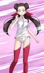 Rule 34 | 1girl, brown hair, collared shirt, creatures (company), dress shirt, floating hair, game freak, highres, long hair, looking at viewer, low twintails, nintendo, open mouth, panties, pantyhose, pokemon, pokemon oras, purple background, red eyes, red pantyhose, red ribbon, ribbon, ribbon panties, roxanne (pokemon), scared, shiny clothes, shiny legwear, shirt, short sleeves, solo, standing, sweatdrop, torn clothes, torn pantyhose, tsukishiro saika, twintails, underwear, very long hair, wavy mouth, white panties, white shirt, wing collar