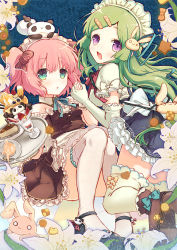 Rule 34 | 2girls, :3, animal, animal on head, aqua eyes, bad id, bad pixiv id, bandaid, bow, rabbit hair ornament, checkerboard cookie, cookie, cup, detached collar, dress, elbow gloves, flower, food, frilled dress, frills, gloves, green hair, hair ornament, holding hands, ice cream, lily (flower), looking at viewer, maid, maid headdress, mary janes, multiple girls, o o, on head, original, panda, panda on head, pink hair, purple eyes, saucer, shoes, short twintails, spilling, spoon, stuffed animal, stuffed rabbit, stuffed panda, stuffed toy, teacup, thighhighs, tray, twintails, usamito, white gloves, white legwear