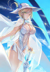 Rule 34 | 1girl, artoria pendragon (all), artoria pendragon (fate), artoria pendragon (swimsuit ruler) (fate), artoria pendragon (swimsuit ruler) (second ascension) (fate), bare shoulders, blonde hair, blue sky, blush, braid, breasts, cleavage, covered navel, fate/grand order, fate (series), french braid, green eyes, hair between eyes, hat, hat feather, highleg, highleg swimsuit, highres, inoue takuya (tactactak), large breasts, long hair, looking at viewer, one-piece swimsuit, sidelocks, sky, solo, sparkle, sun hat, swimsuit, thighs, umbrella, white hat, white one-piece swimsuit
