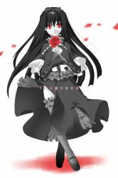 Rule 34 | 1girl, alcot, black hair, dress, flower, frills, goth fashion, komi zumiko, long hair, looking at viewer, maya (triptych), monochrome, petals, red eyes, rose, simple background, solo, spot color, thighhighs, triptych, white background